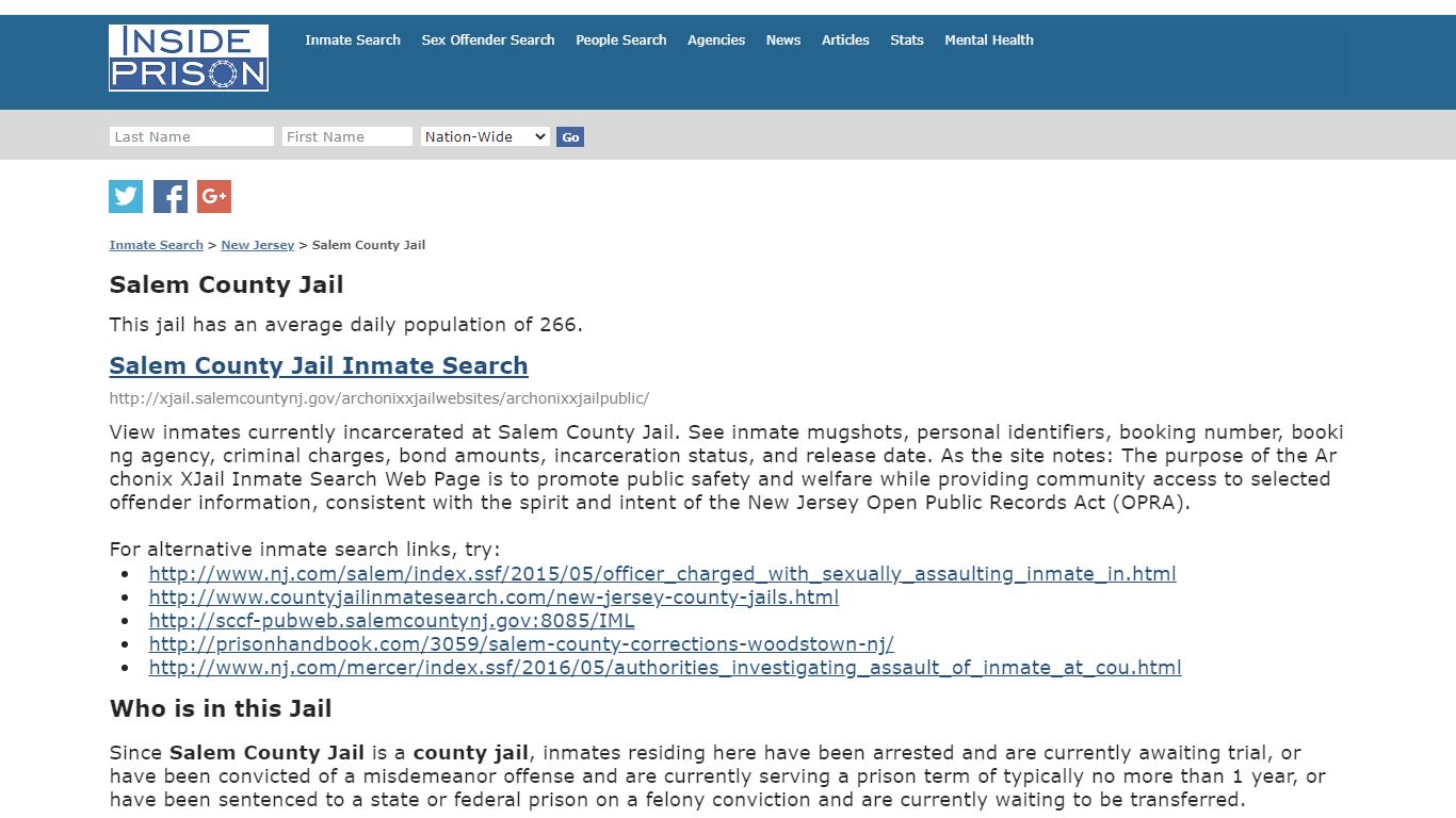 Salem County Jail - New Jersey - Inmate Search - Inside Prison